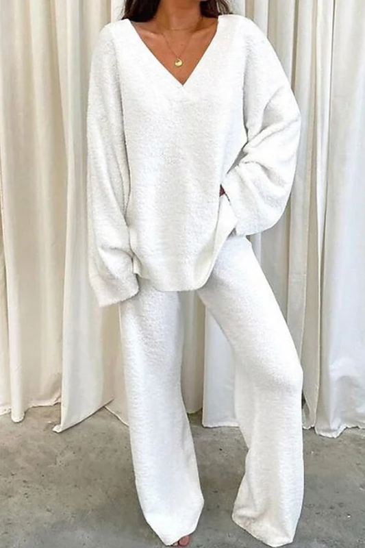 Comfortable Color V-neck Daily Two-piece Set