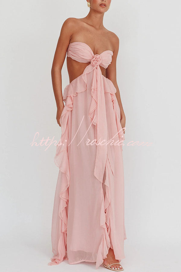 Vacation Halter Rose Detail Cut Out Ruffles Backless Maxi Dress