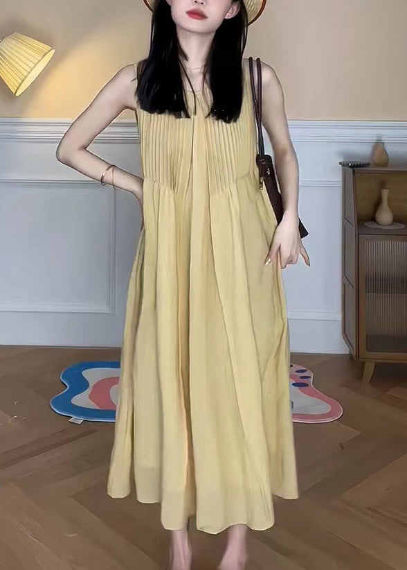 Yellow O Neck Pockets Cotton Long Dress Sleeveless Tt1048