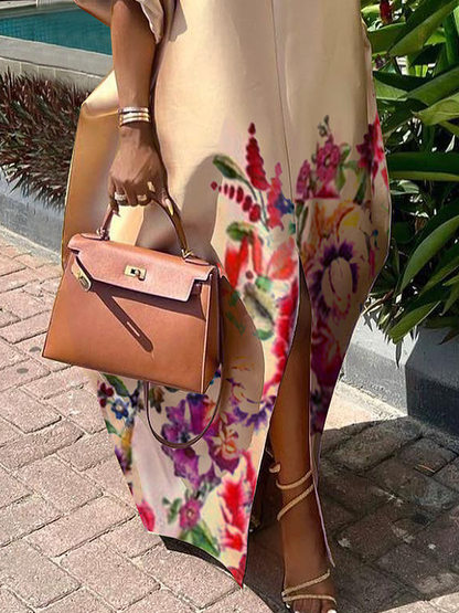 A-line Half Sleeves Elasticity Flower Print Split-front V-neck Maxi Dresses