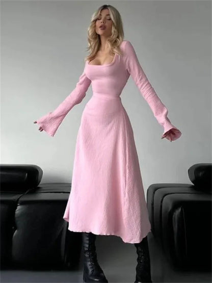 Bandage for Maxi Dress Slim Long Sleeve Square Collar Patchwork Autumn Dress Female Lace-up Dress