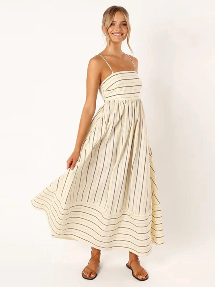 Blackless Stripe Slip Maxi Dress New Suspender Beach Dress Female Sleeveless Holiday Party Vestidos