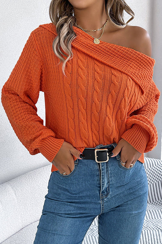 Color One Shoulder Long Sleeve Knitted Sweater