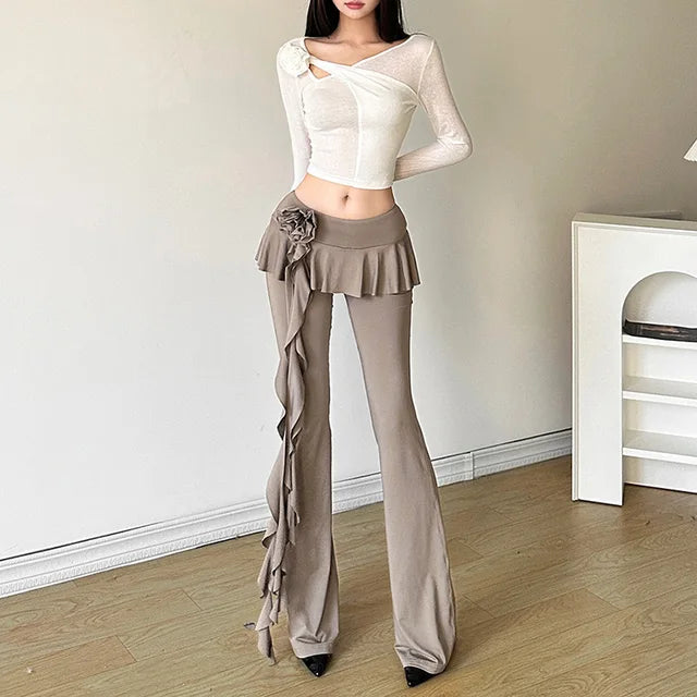 Flower Ribbons Straight Pants for Color High Strecth Folds Patchwork Female Summer Trousers