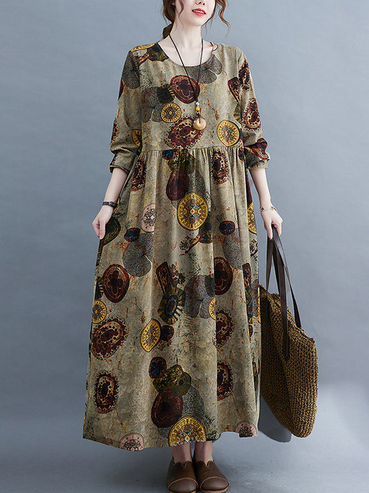 Artistic Retro Loose Long Sleeves Printed Round-neck Maxi Dresses