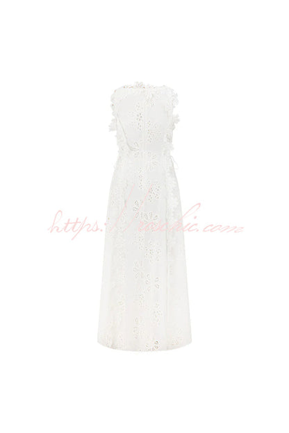 Mairi Embroidery Hollow Fabric Delicate Flower Trim Side Lace-up Maxi Dress