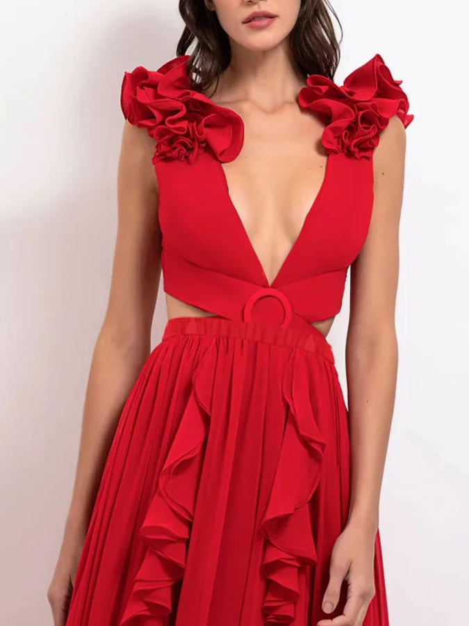 Deep V Red Cutout One Piece Swimsuit and Skirt