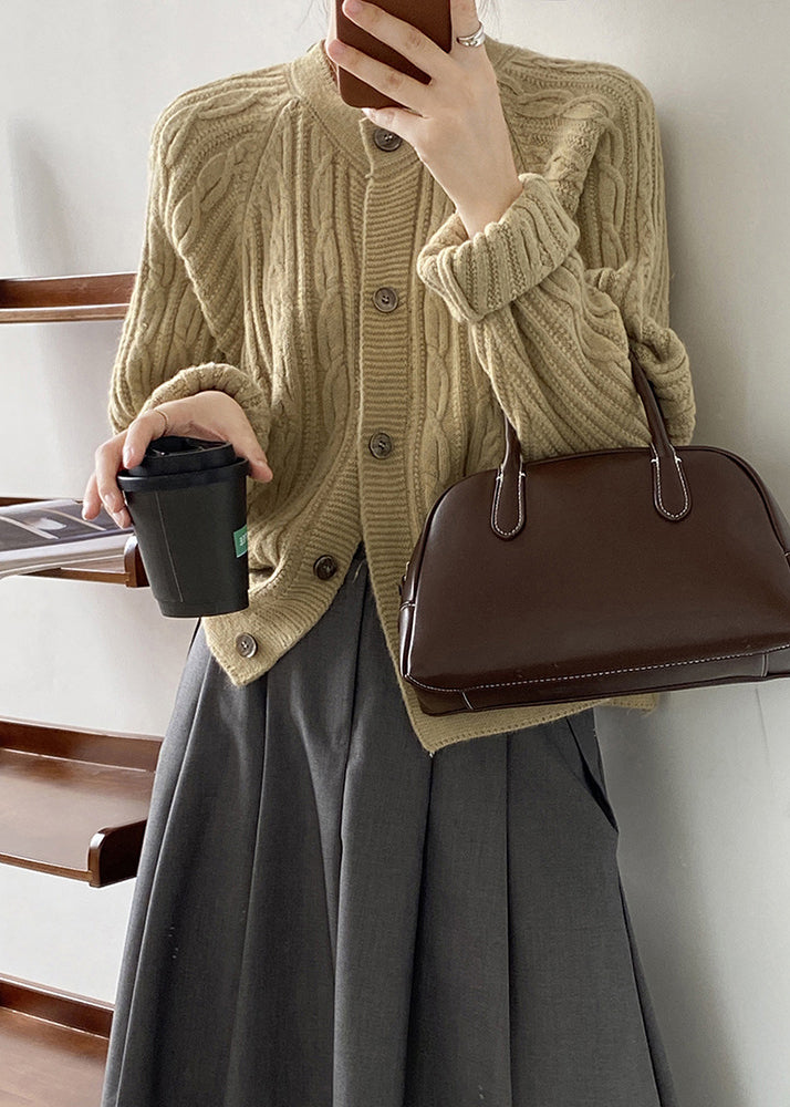French Grey O-neck Button Cable Knit Coat Fall Af1100