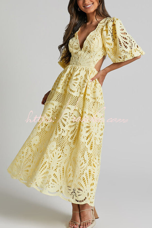 Color V Neck Hollow Lace Waistless Maxi Dress
