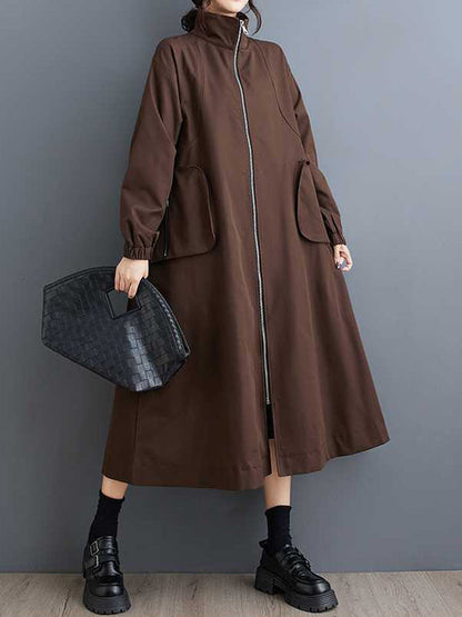 Retro Khaki High Neck Pockets Zip-up Long Sleeve Trench Coat Tw005