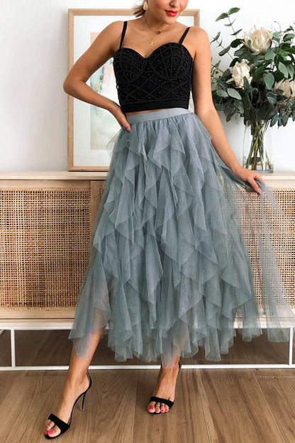 Fashionable Color Puffy Mesh High Waist Slimming Skirt