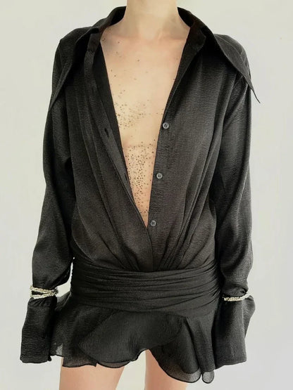 New White Chiffon Dress for Ruffled Pleated Mini Dress See-through Loose Oversized Shirt Dress Cover-up