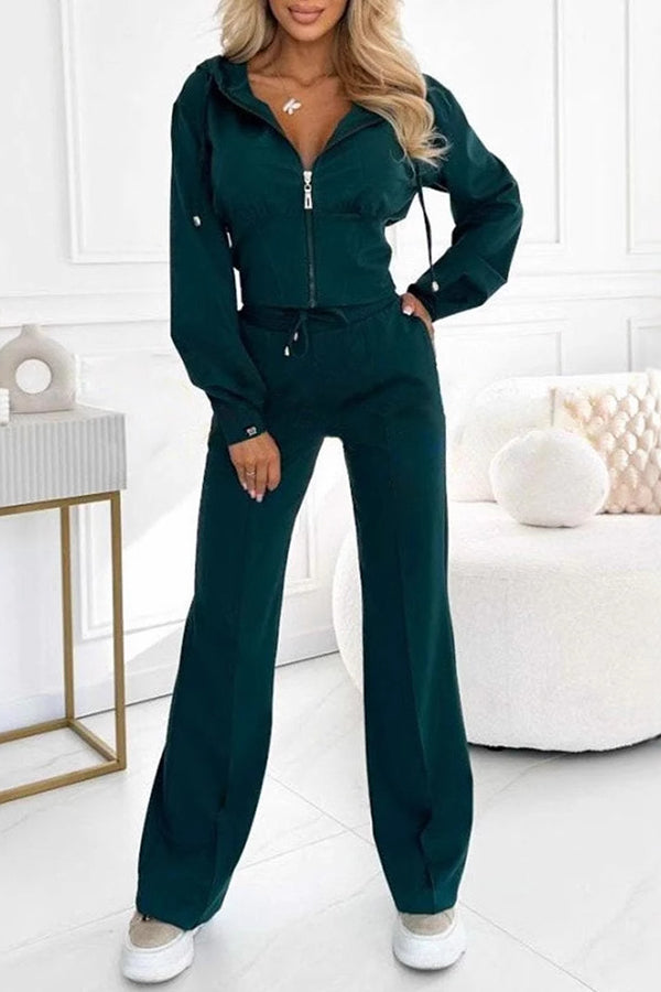 Color Hooded Zip-up Jacket and Elastic Waist Pocket Wide-leg Pants Set