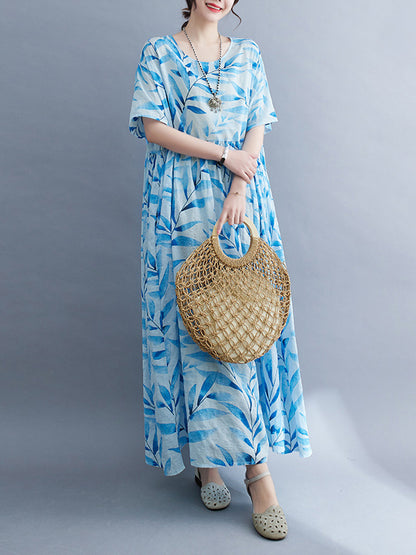 Loose Short Sleeves Leaf Pleated Printed Split-joint Round-neck Midi Dresses