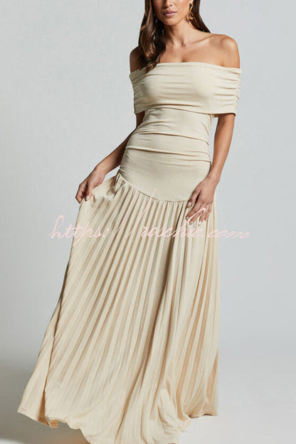 Off-shoulder Slim Fit Pleated Maxi Dress