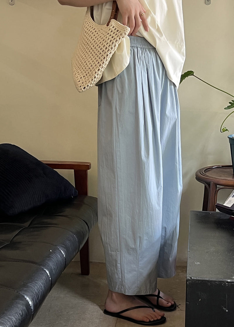 Blue Summer Pants Loose Cotton Elastic Crop Waist