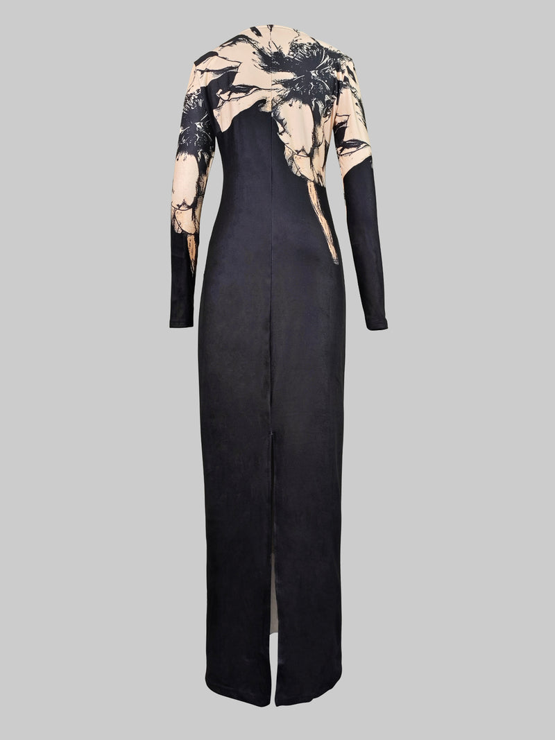Bodycon Long Sleeves Printed Boat Neck Maxi Dresses