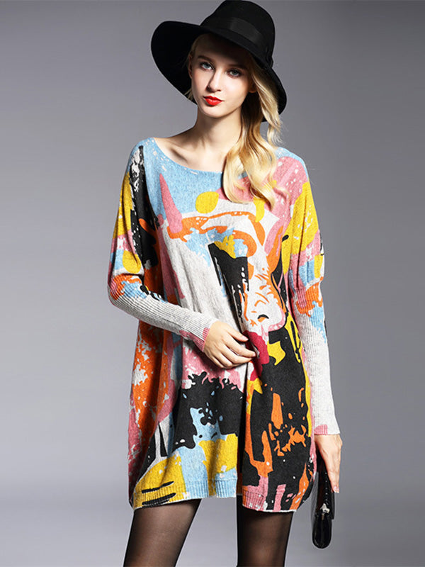 Wool Blend Contrast Color Printed Sweater