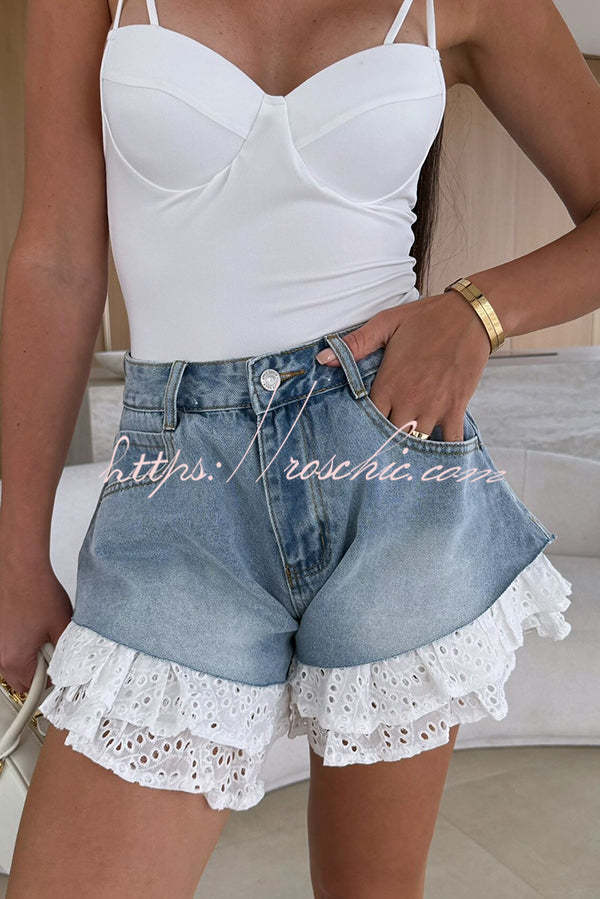 Brooke Denim High Waist Pocket Layered Lace Trim Loose Shorts