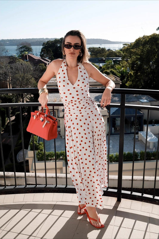 Polka Dot Halter V-neck Ruched Maxi Dress