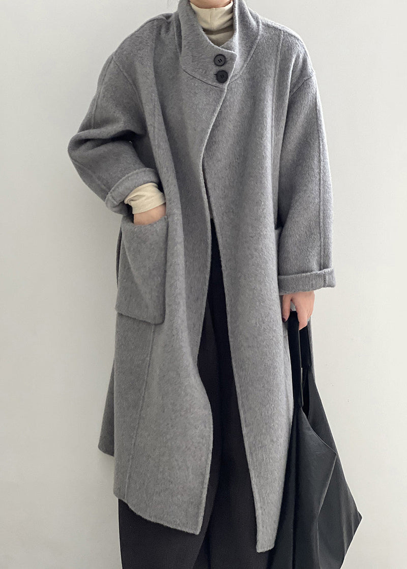 Italian Grey Stand Collar Pockets Tie Waist Woolen Coat Fall Af1099