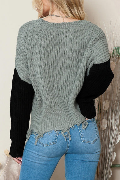 Tassel Hem Pullover V Neck Sweater