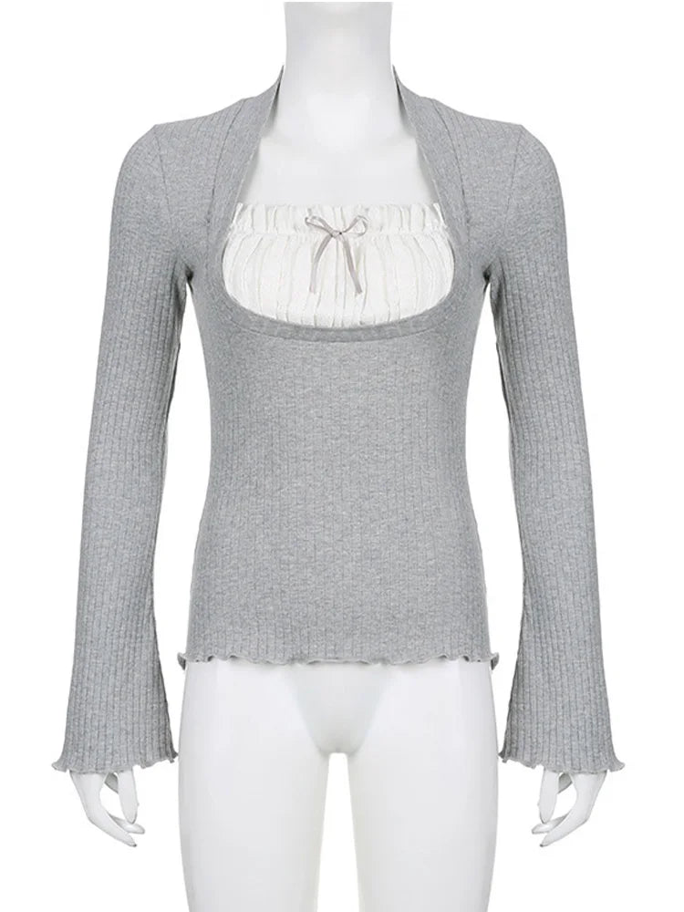 Y2k Lace Patchwork Fake Two Piece T-shirt Flare Long Sleeve Tops Spring Kawaii Clothes Korean Shirt