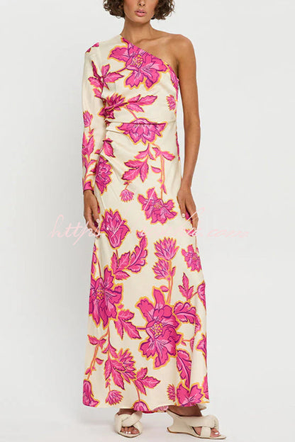 Rhia Satin Print One Shoulder Flared Maxi Dress