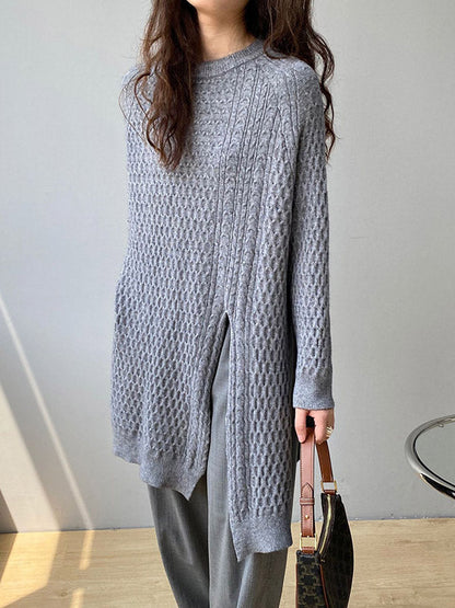 Retro Oatmeal Round-neck Split-side Long Sleeve Twist Knit Sweater An1045