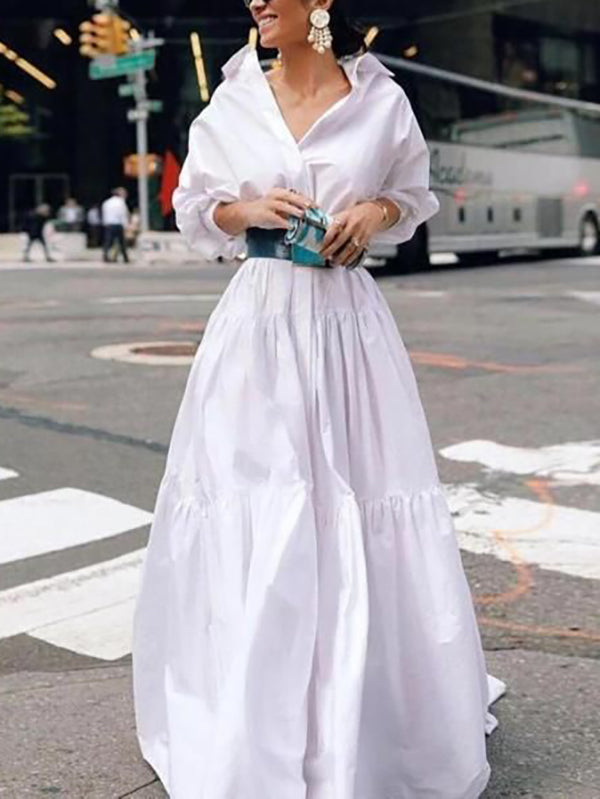 Long Sleeves Loose Belted Pleated Color Lapel Maxi Dresses