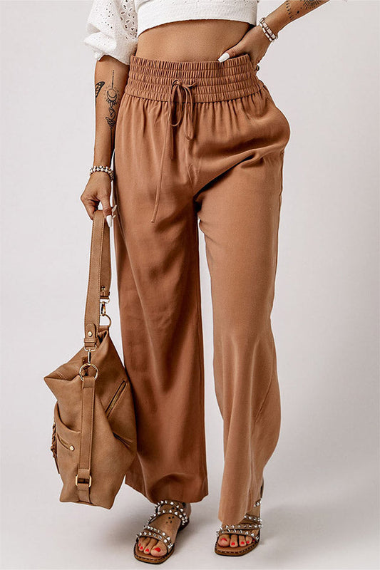 Drawstring Shirred Elastic Waist Wide Leg Pants