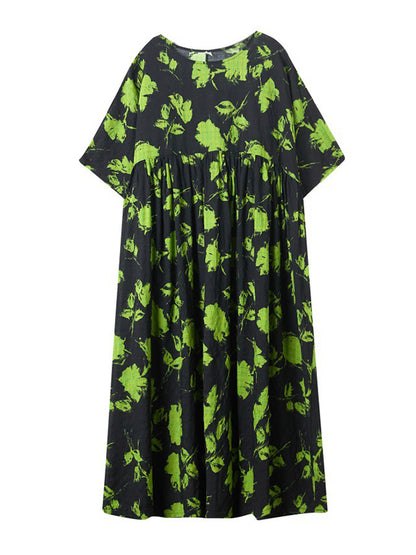 Loose Pleated Round-neck Midi Dresses
