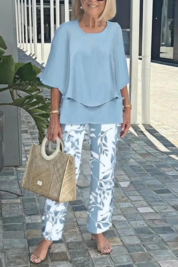 Round Neck Half Sleeve Loose Top and Elastic Waist Straight Pants Set