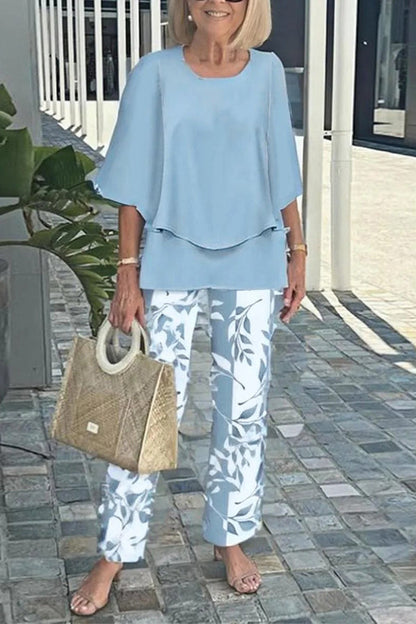 Round Neck Half Sleeve Loose Top and Elastic Waist Straight Pants Set