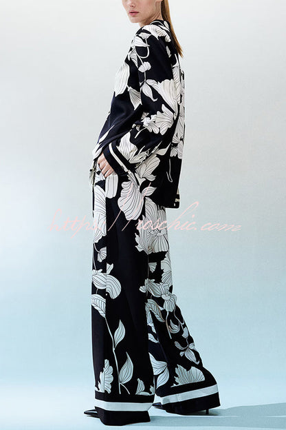Unique Print Lapel Long Sleeve Loose Shirt and Elastic Waist Pocket Wide Leg Pants Set