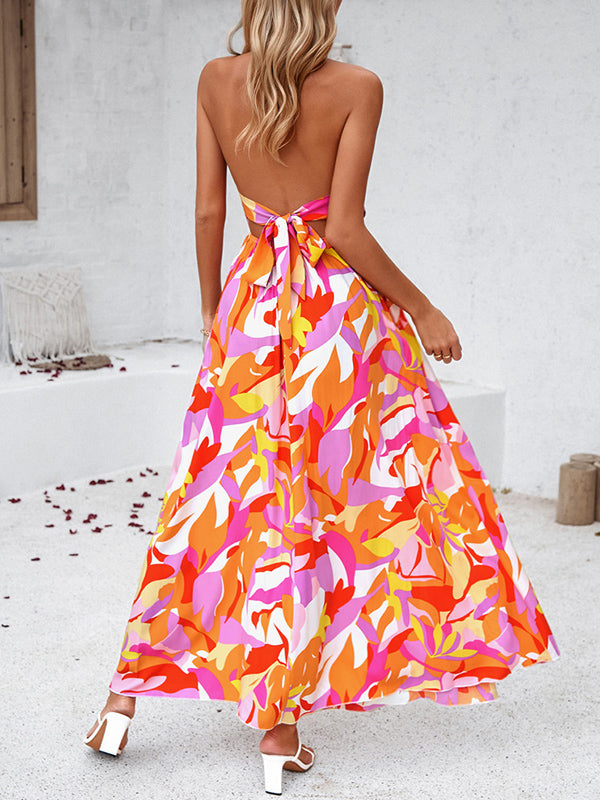 High Waisted Sleeveless Backless Elasticity Pleated Printed Split-side Tied Halter-neck Maxi Dresses