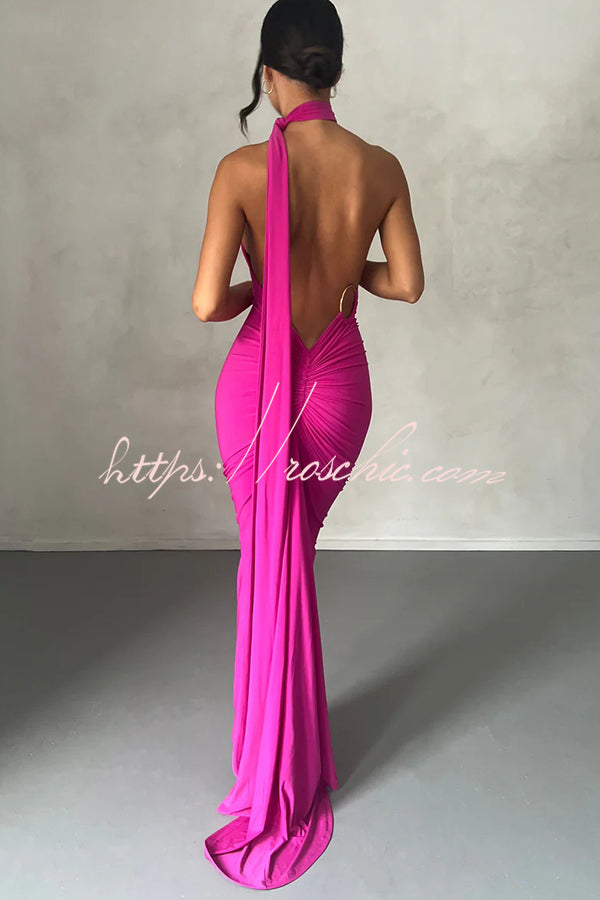 Backless Pleated Slim Color Sleeveless Maxi Dress