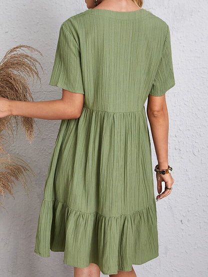 A-line Loose Pleated Color Split-joint V-neck Mini Dresses
