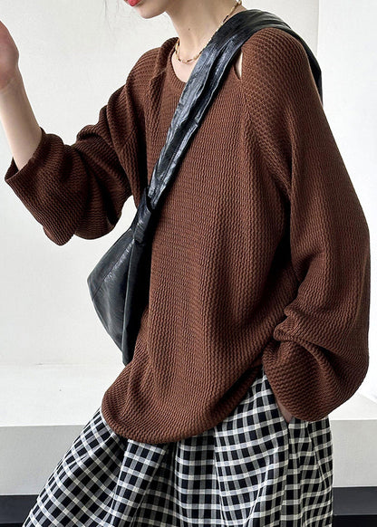 Brown O Neck Hollow Out Knit Sweaters Fall Af1051