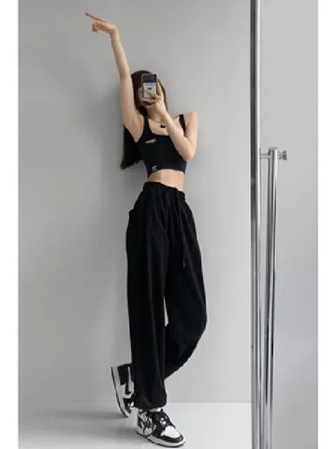 Korean White Blue Pants High Waist Loose Drawstring Harem Pants Comfortable Female Sports Street Pants S-xl