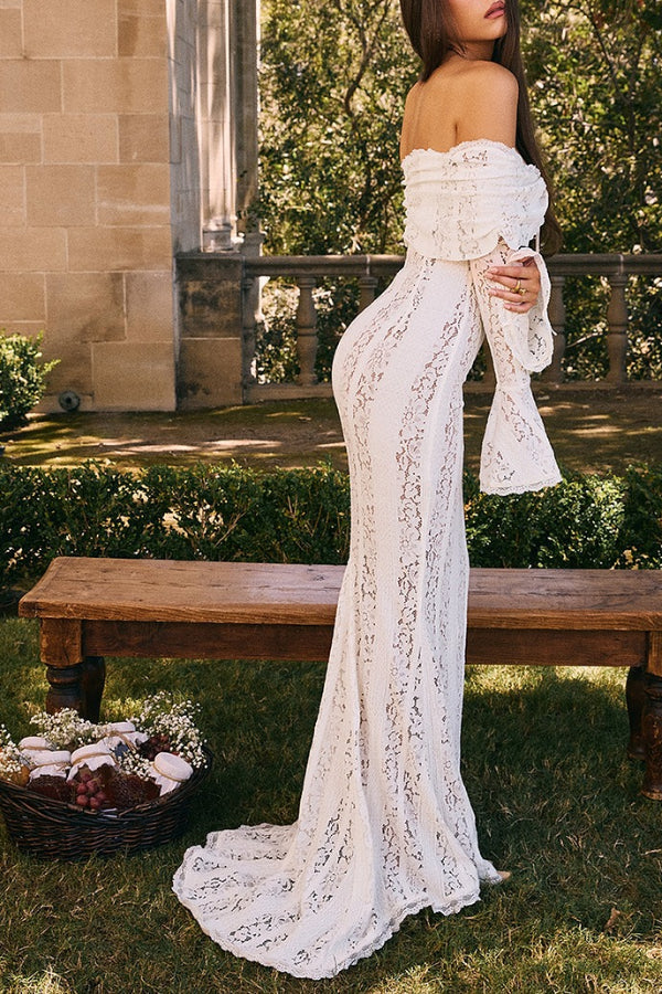 Lace Off Shoulder Flare Sleeve Fishtail Maxi Dresses-white
