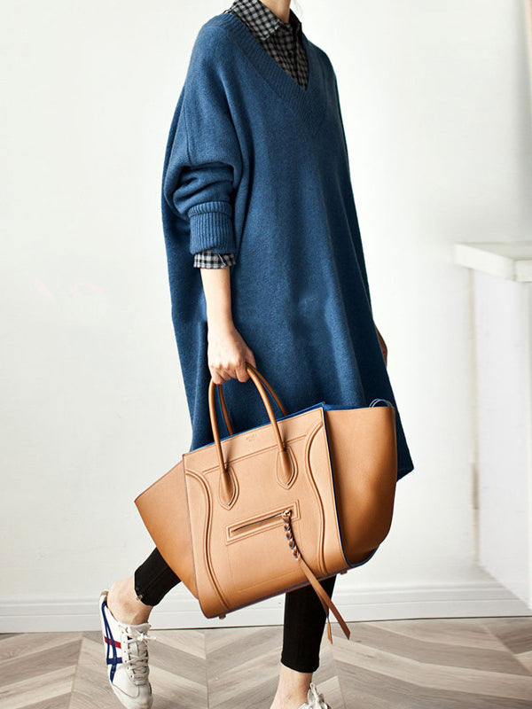 Stylish Loose Camel V-neck Long Sleeve Sweater Dress Qx006