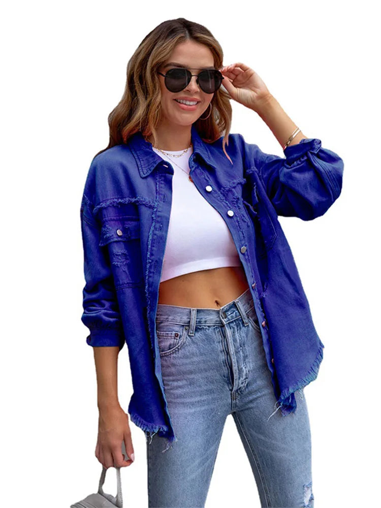 Holes Raw-edges Denim Jacket Spring Autumn Shirt Style Jeancoat Top Rose-red Orange Purple Outerwear Lady Coat