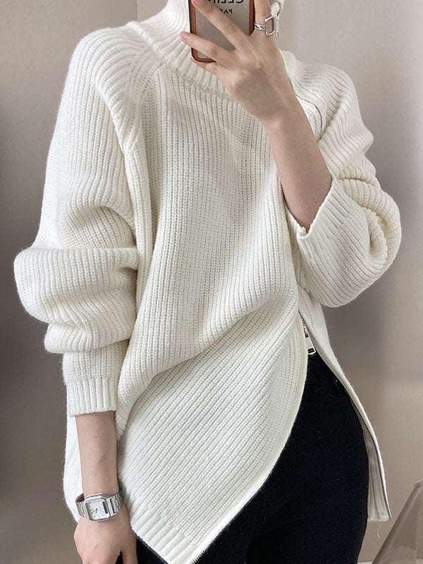 Urban Grey Halter-neck Split-side Zip-up Long Sleeve Sweater An1033