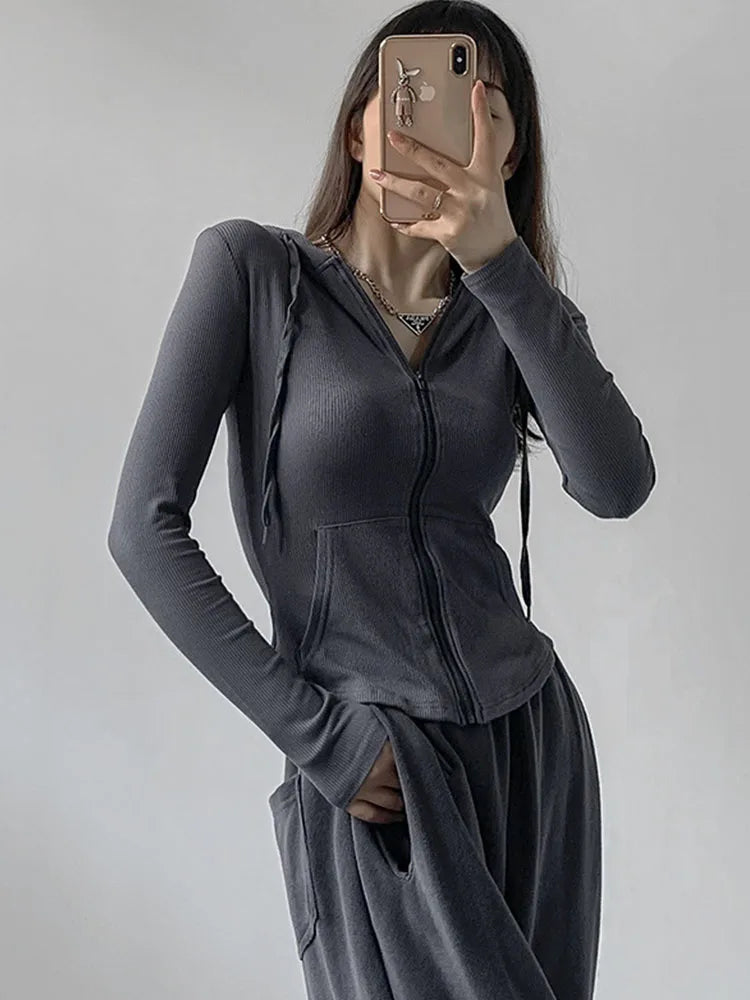 Zip Up T Shirts Hooded Cardigan Long Sleeve Cropped Tops Tracksuit
