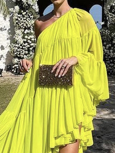 Irregularity Loose Pleated Color One-shoulder Maxi Dresses