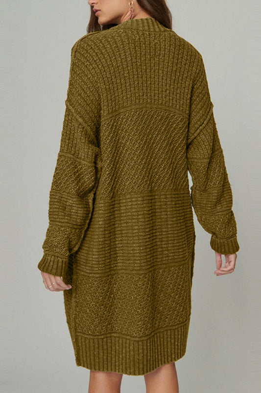 Green Open Front Long Knit Cardigan