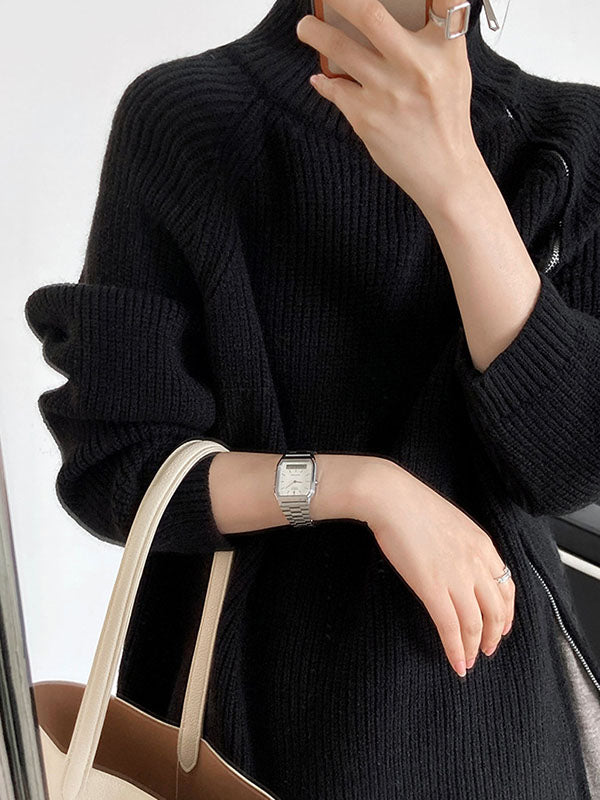 Urban Grey Halter-neck Split-side Zip-up Long Sleeve Sweater An1033