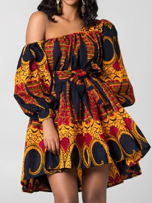 High Waisted Loose Elasticity Printed Tied Waist One-shoulder Mini Dresses