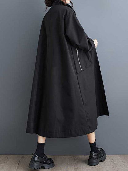 Retro Khaki High Neck Pockets Zip-up Long Sleeve Trench Coat Tw005